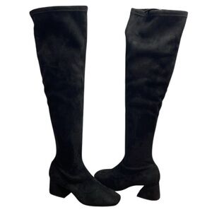 L’INTERVALLE Over The Knee Boots Black Faux Suede Square Toe Asymmetric Heel 40